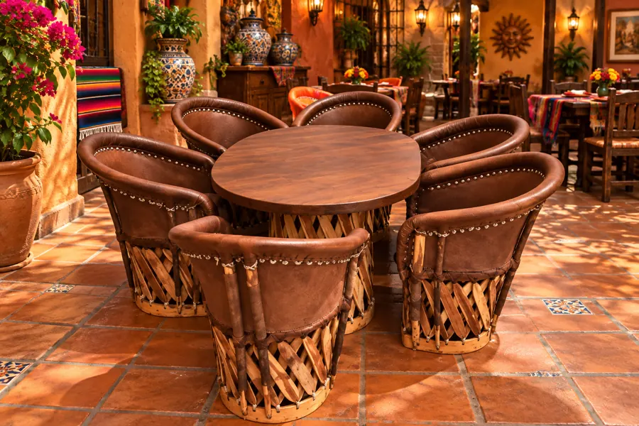 Comedor de equipal charro con 6 sillas de cuero en restaurante mexicano