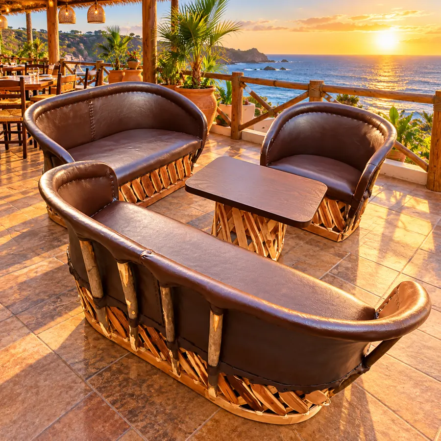 Sala acojinada para terraza – equipal artesanal mexicano para restaurantes y hoteles